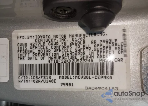 2002 Toyota Camry Le/Xle/Se из США, поврежденный, VIN 4T1BF32KX2U522245